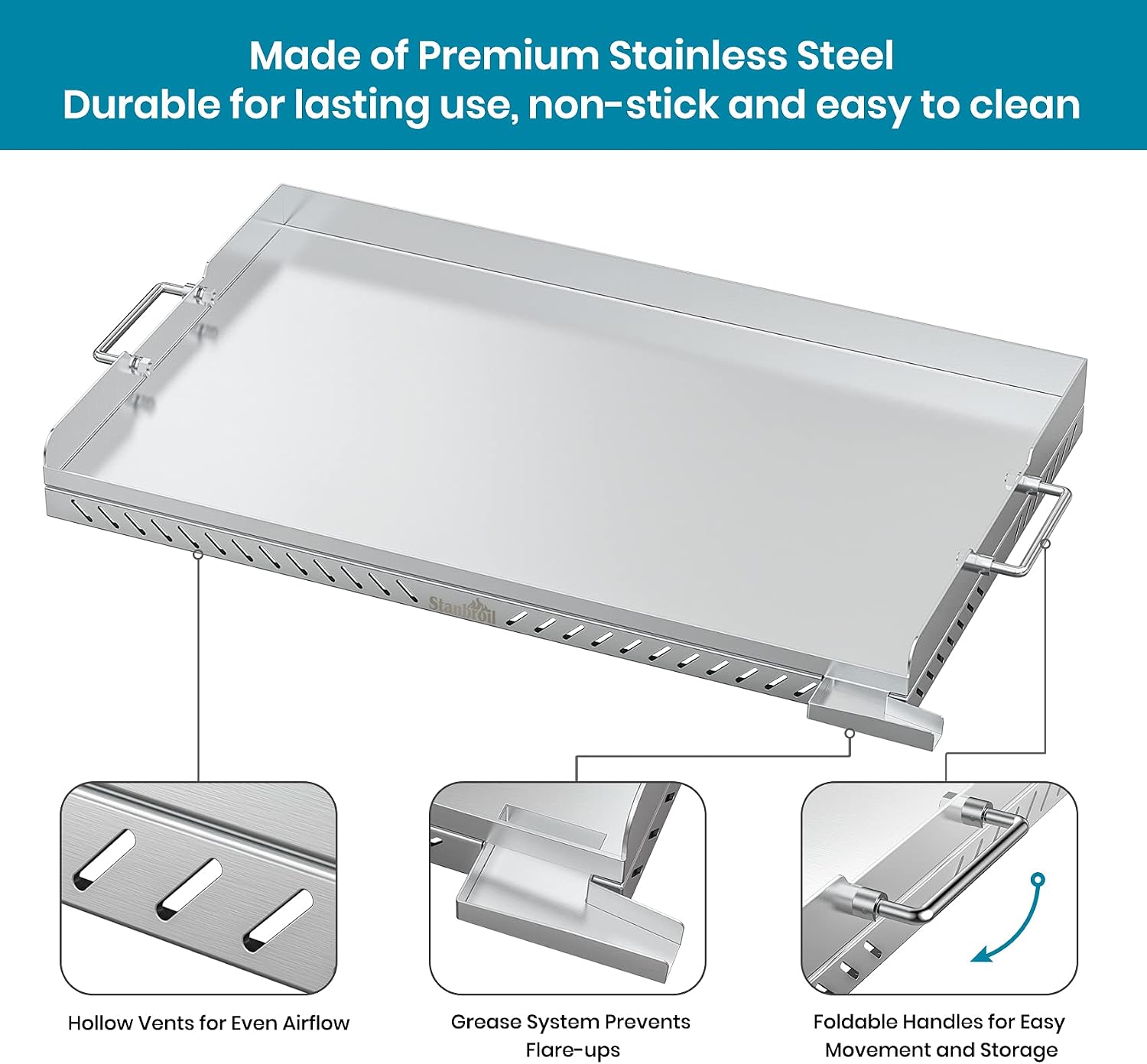 Stanbroil Stainless Steel Griddle Replacement Top and Grease Cup Combo for Blackstone 28' 2-Burner Gas Grill with Front Grease System