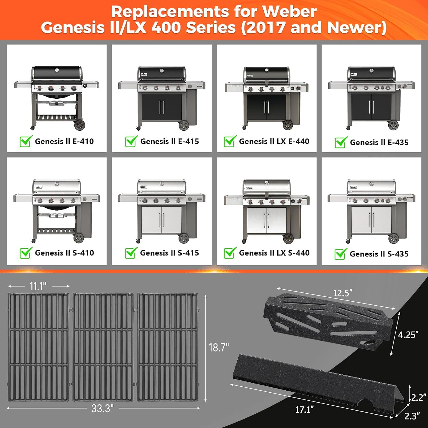 Grill Parts for Weber Genesis II/LX 400 Series (4 Burner) – 18 3/4' Grill Grates, 17 1/8' Flavorizer Bars & Heat Deflectors, Fits GS4 Genesis II E/S-410 E/S-415 E/S-435 E/S-440, Replaces 66033 66089