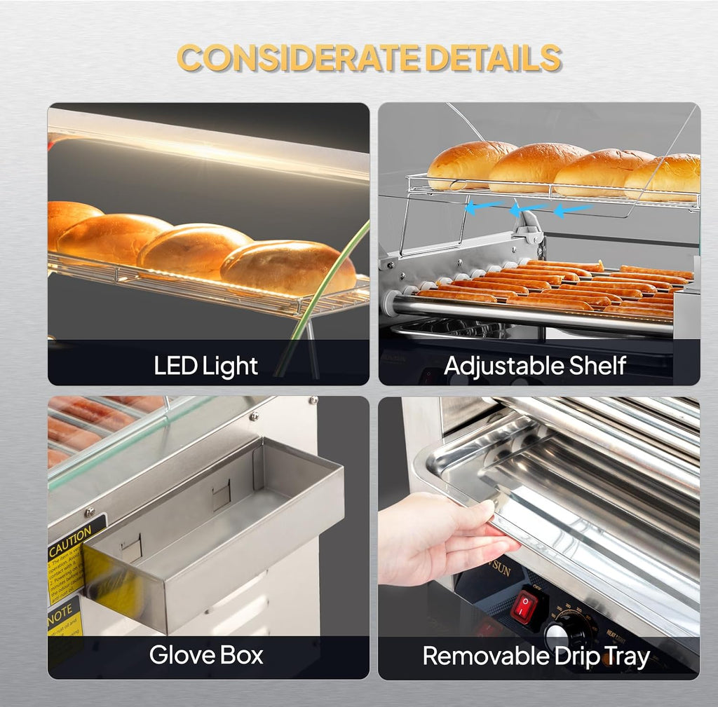 ROVSUN Hot Dog Roller, 24 Hot Dog 9 Rollers ETL Certified, Hot Dog Machine Sausage Grill Cooker with Dual Temp Control, Glass Cover, LED, Side Storage Box, Shelf & Drip Tray for Home Commercial 1350W