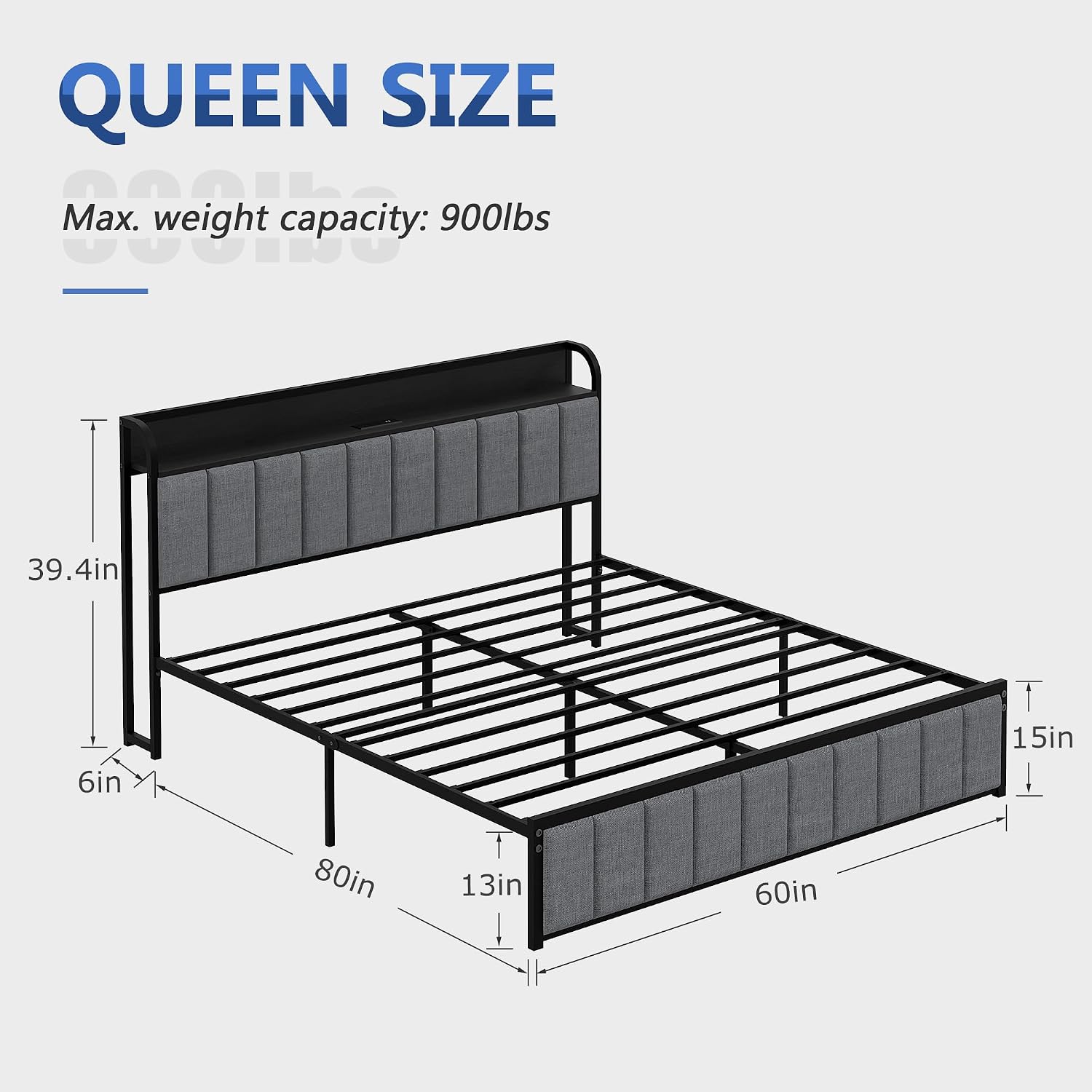 VECELO Queen Bed Frame, Storage Upholstered Headboard with Charging Station, Platform Bedframe, Heavy Duty Metal Slats, No Box Spring Needed, Noise-Free, Easy Assembly, Classic Grey