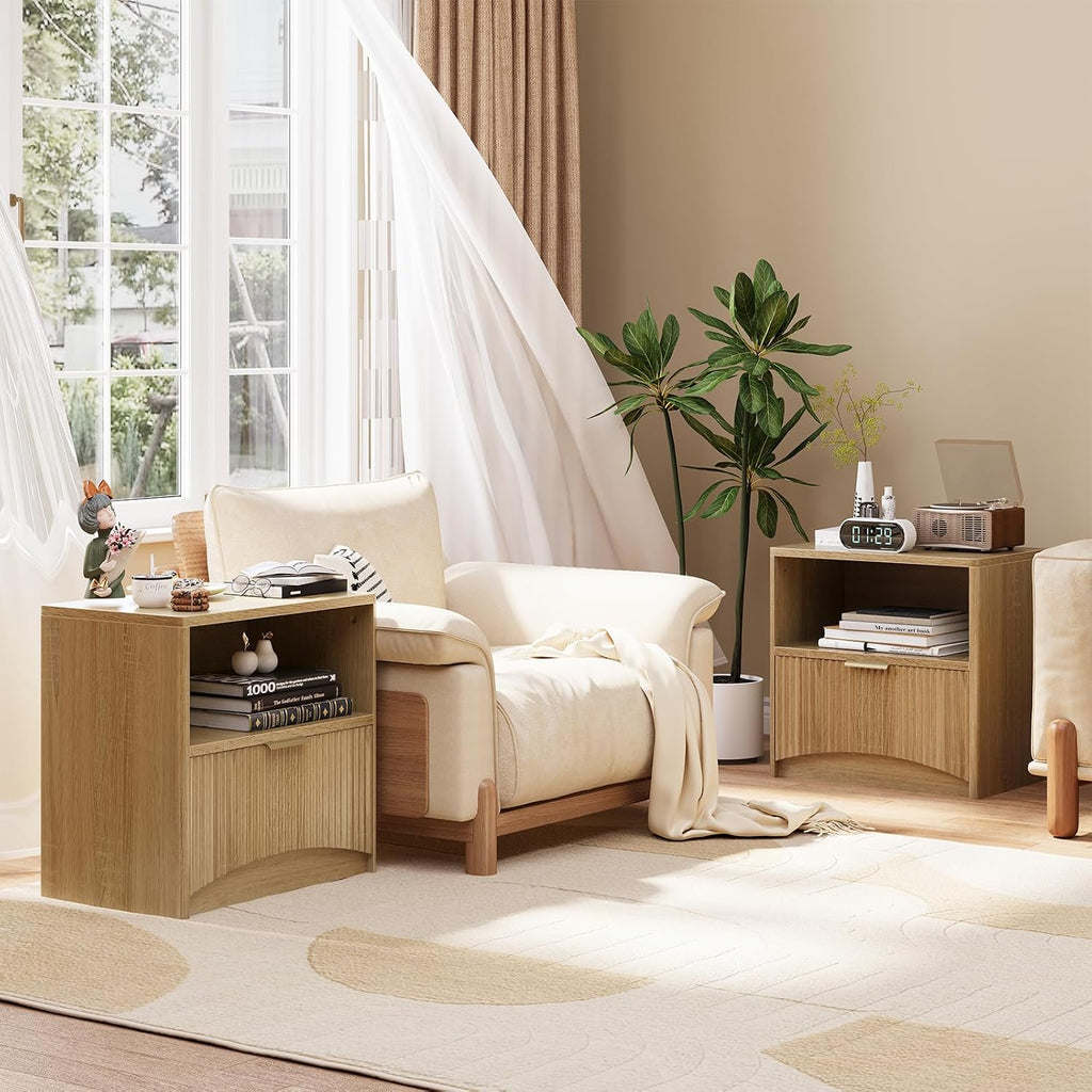 Fluted Nightstand Set of 2, MCM Mid Century Modern Bedside Tables with Drawer and Open Shelf, Minimalist Wood Bedside Table Fluted End Tables for Bedroom, Natural Oak