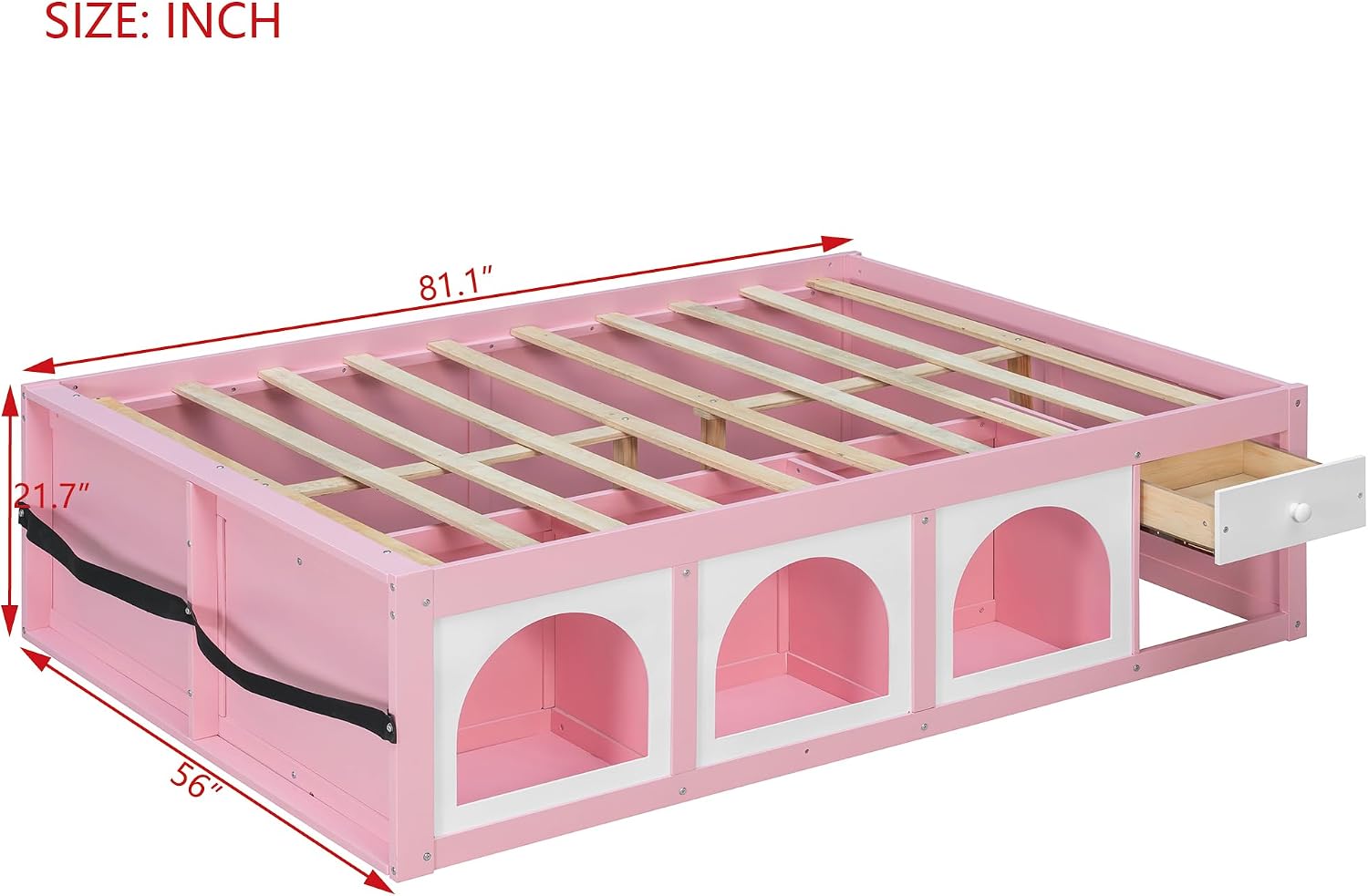Bellemave Full Size Kids Bed with Display Cabinet, LED Light and Drawer, Wood Full Platform Bed with Bookshelf, BedFrames for Kids, Adults, Pink+White