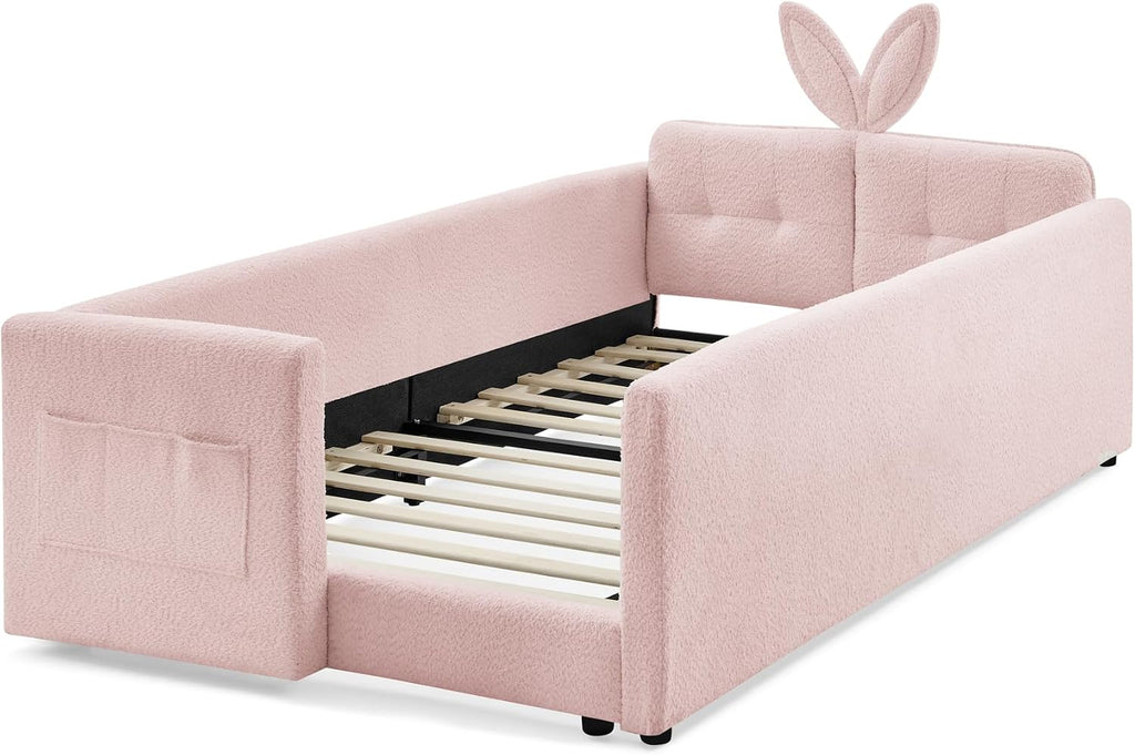 Twin Size Upholstered Platform Bed with Safety Guardrail and Cute Rabbit Ear Shaped Headboard, Boucle Fabric Montessori Kids Bed with Pocket and Sturdy Slats Support (Pink-7.24)