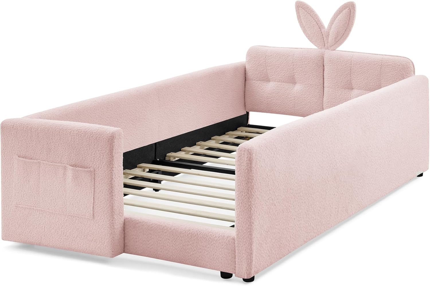 Twin Size Upholstered Platform Bed with Safety Guardrail and Cute Rabbit Ear Shaped Headboard, Boucle Fabric Montessori Kids Bed with Pocket and Sturdy Slats Support (Pink-7.24)