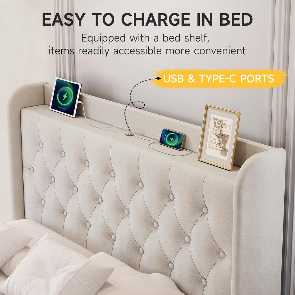 koorlian Full Size Bed Frame, Full Bed Frame with Headboard, Adjustable Velvet Upholstered Bed Frame with Type-C&USB Port, Wingback Storage Headboard, Solid Wood Slats Support, Noiseless, Beige