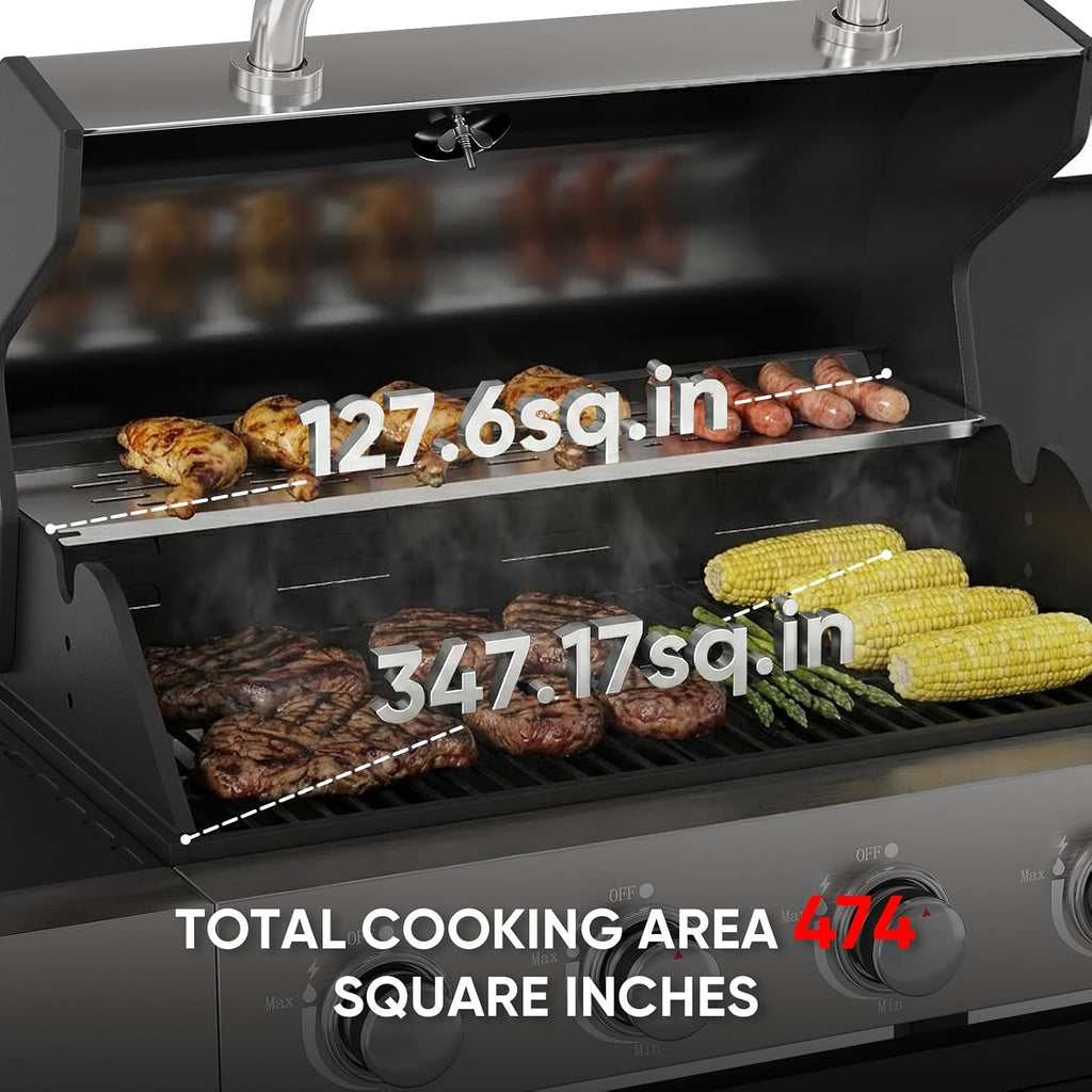 Belord 4-Burner Propane Gas Grills with Side Burner, 44000 BTU Output Stainless Steel Burner Barbecue Grill with Cast Iron Grate & Side Tables, Gas BBQ Grill Propane for Patio Picnic, Outdoor Cooking