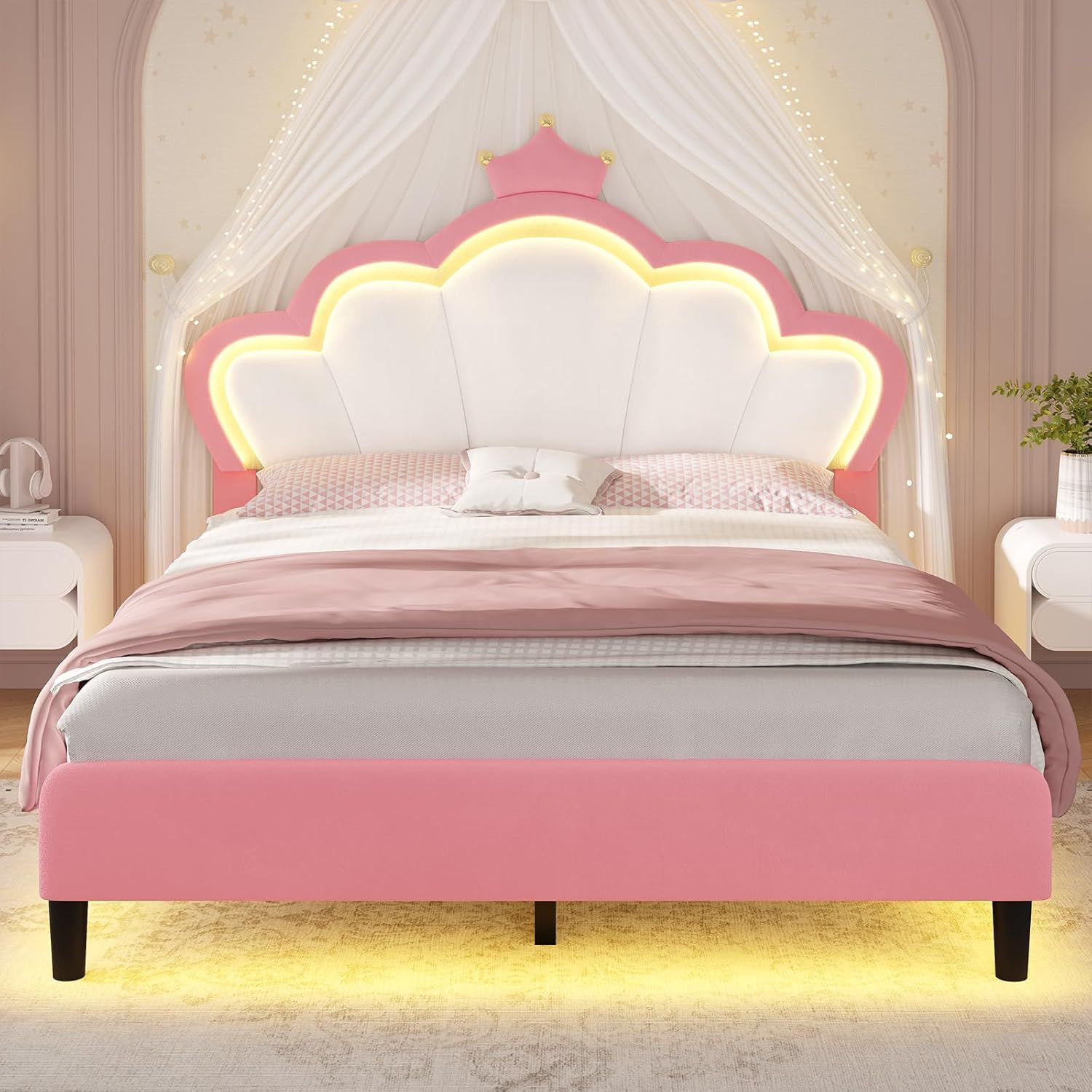 ADORNEVE Full Bed Frame with LED Lights, Princess Bed with Adjustable Chic Double Shell Headboard, Full Girl Bed Velvet Upholstered Platform Bed with Princess Crown, Solid Wood Slats Support, Pink