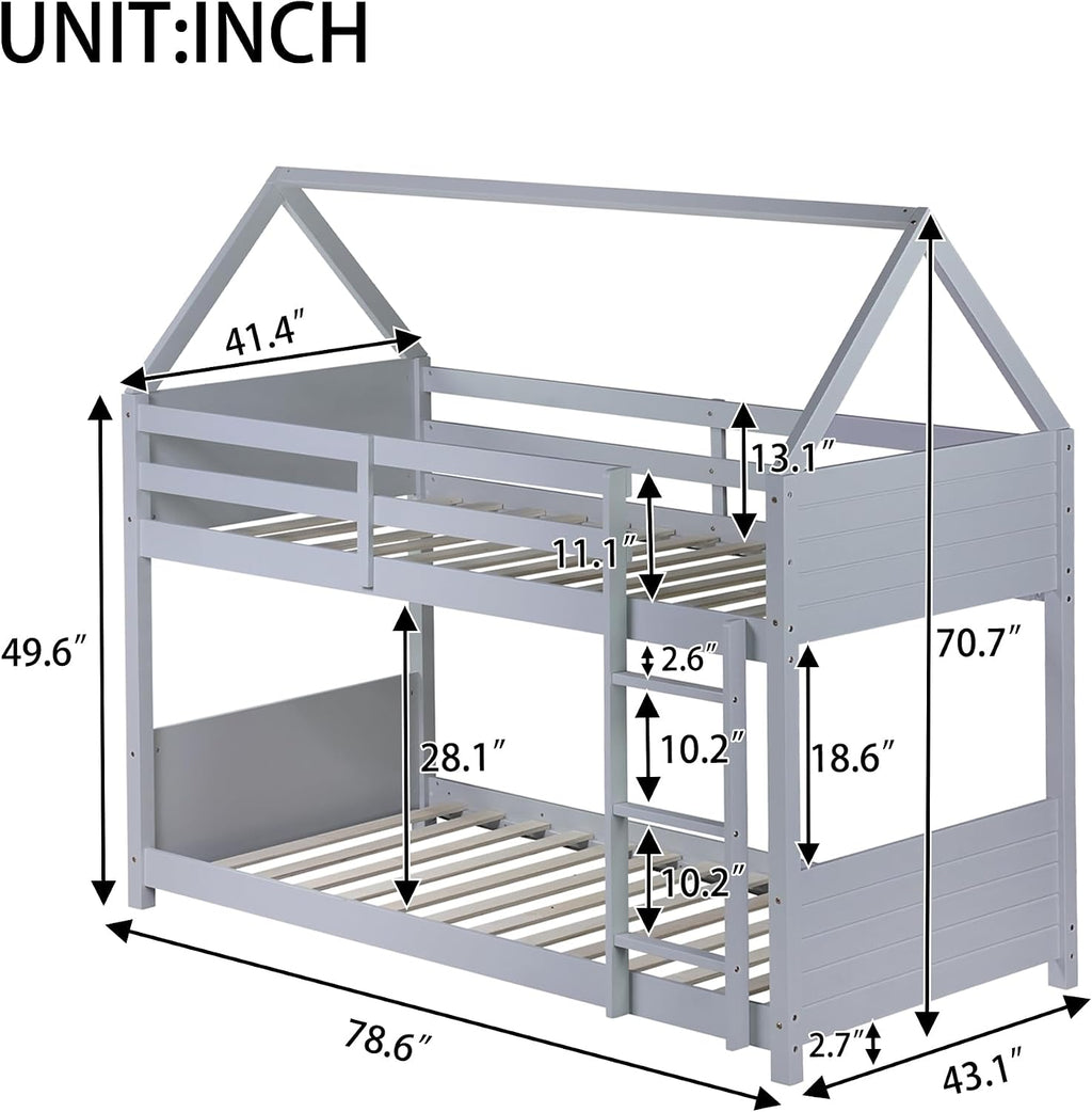 Bellemave Twin Over Twin Bunk Bed, Wooden House Bunk Bed with Ladder and Guardrail for Bedroom, Dormitory, Floor Bunk Beds with Headboard and Footboard for Kids, Teens, No Box Spring Needed, Grey