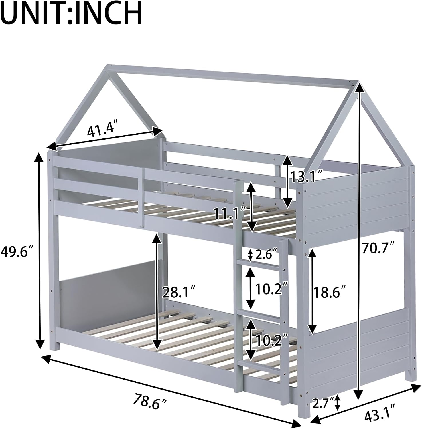 Bellemave Twin Over Twin Bunk Bed, Wooden House Bunk Bed with Ladder and Guardrail for Bedroom, Dormitory, Floor Bunk Beds with Headboard and Footboard for Kids, Teens, No Box Spring Needed, Grey