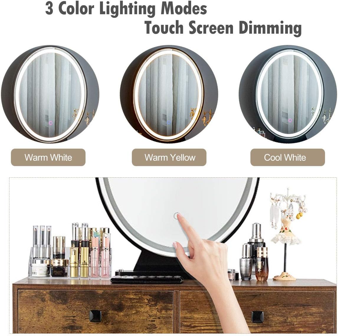 CHARMAID Makeup Vanity Table with Lighted Mirror, 3 Lighting Sets, Adjustable Brightness, 2 Large Drawers, Acrylic Storage Boxes, Girls Bedroom Dressing Table Vanity Set with Stool (Rustic Brown)