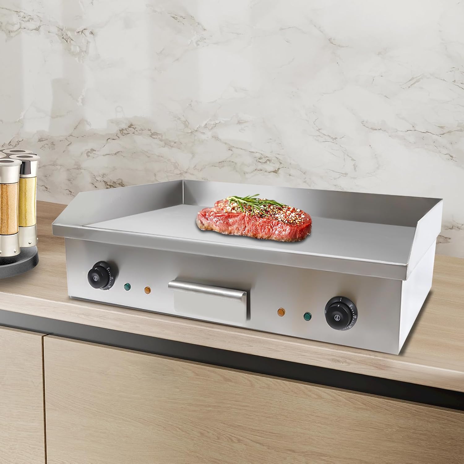 110V 3000W Electric Griddle Cooktop Temperature Adjustable 50-300℃, Thermostatic Double Control Commercial Flat Top Grill, BBQ Plate Grill for Home Kitchen Restaurant L28.62in xW15.75in xH8.85in