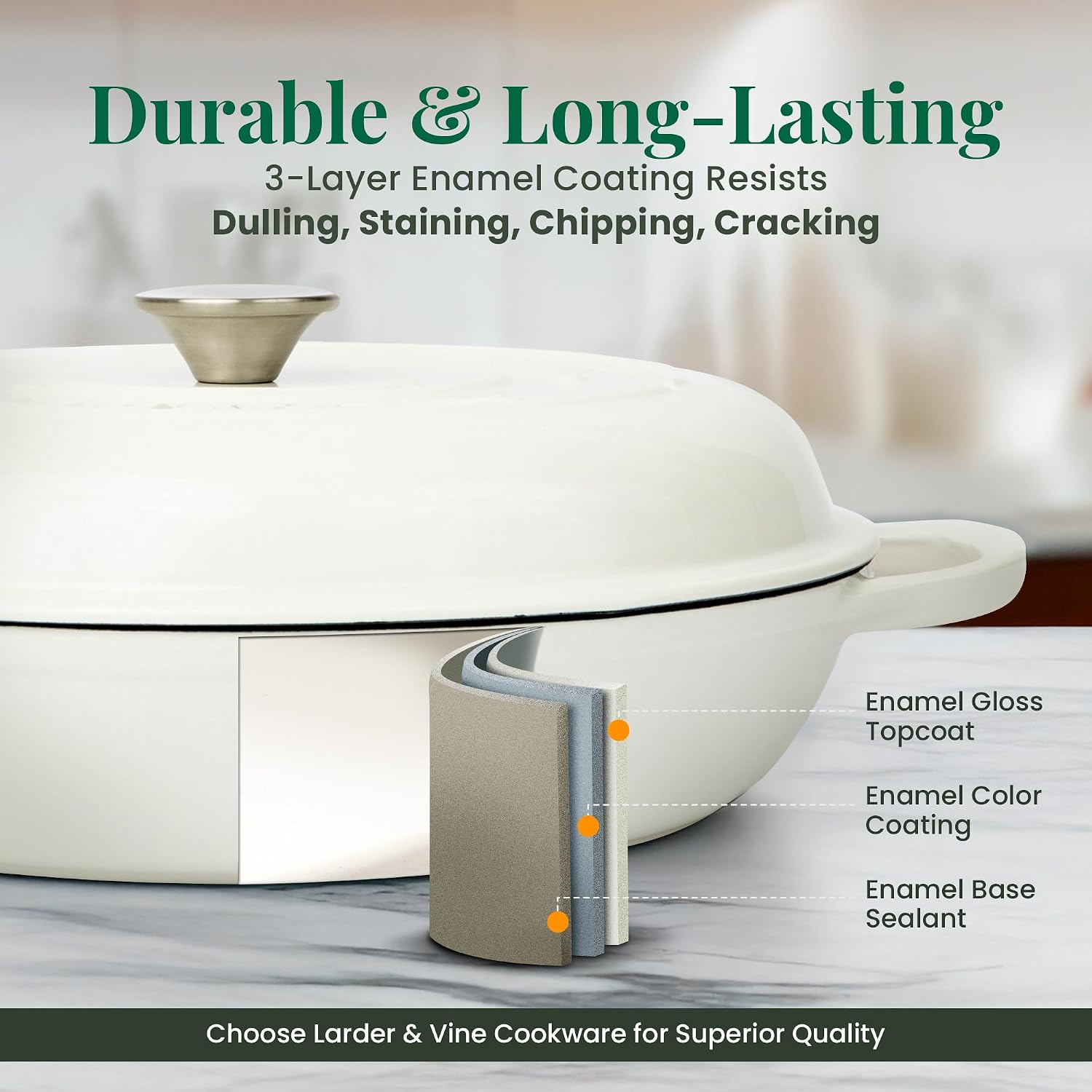 Larder & Vine Enameled Cast Iron Braiser | 3.6 qt Braiser Pan with Lid | Shallow Dutch Oven Compatible on All Cooktops | Casserole Dish Oven Safe to 500° F | Dual Handles | White