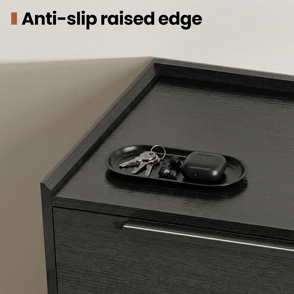31' W x 48' H Black 5 Drawer Dresser for Bedroom, Modern Tall Chest of Drawers with Raised-Edge Gallery Top, Metal Handles, Tapered Legs, Black Oak