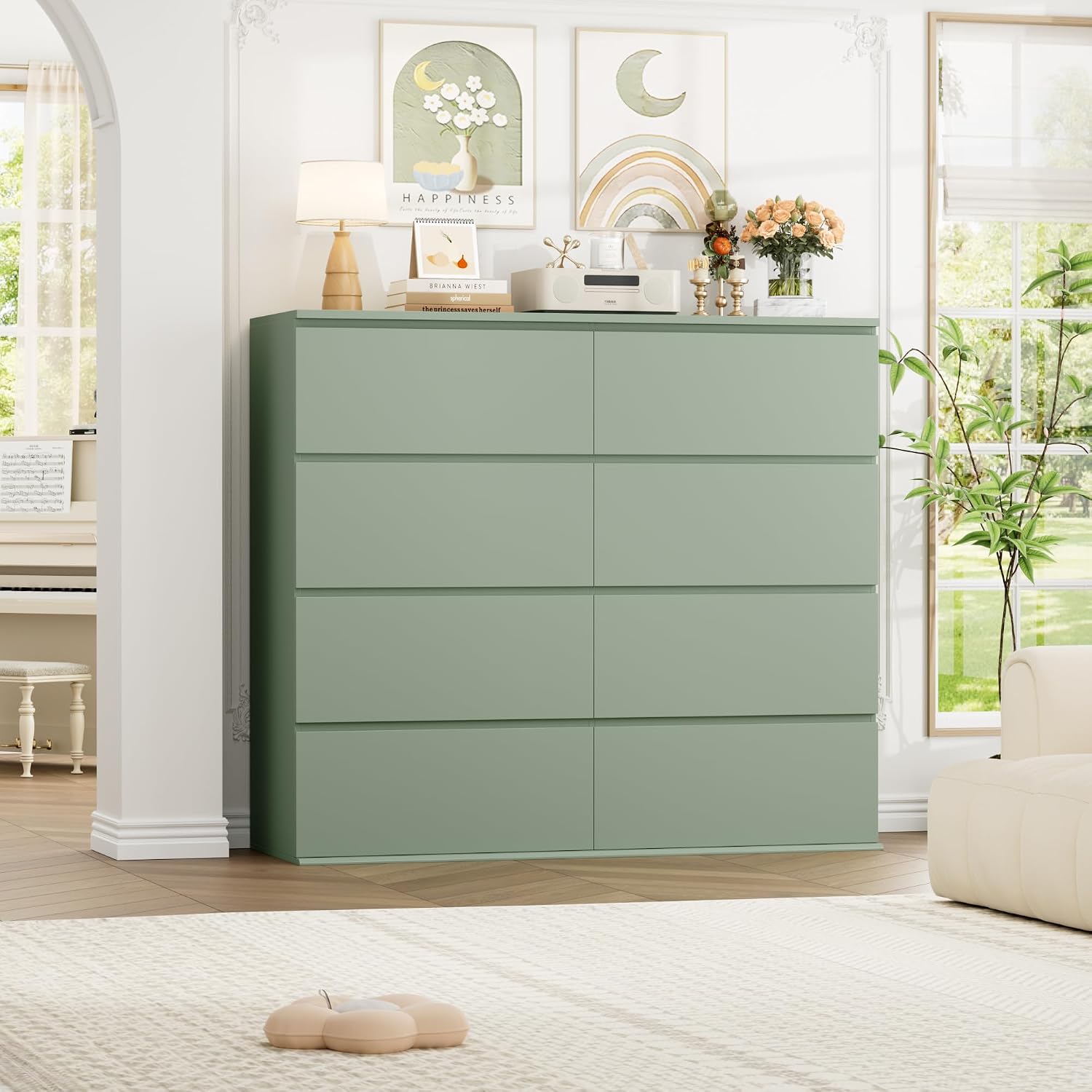 FINETONES Dresser for Bedroom, 8 Drawer Dresser Double Chest of Drawers, Modern Wood Dressers with Deep Drawers for Living Room, Green
