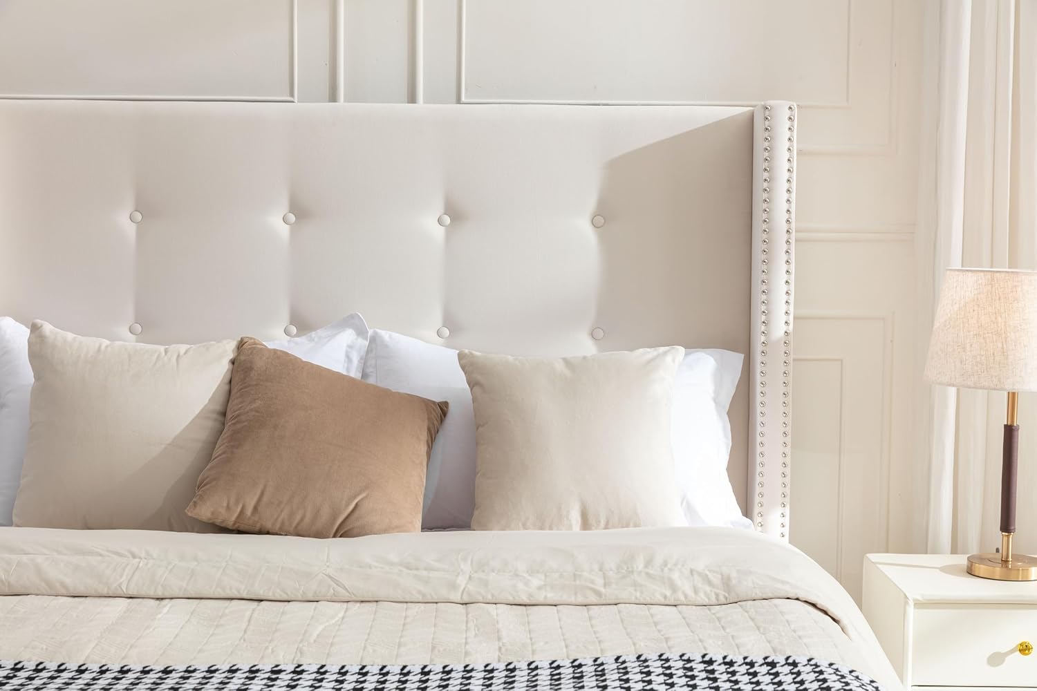 Ball & Cast Queen Bed Frame with Wingback Headboard, Velvet Upholstered Platform Bed with Strong Wooden Slats, Button Tufted and Nailhead Trim Design,No Box Spring Needed,Ivory