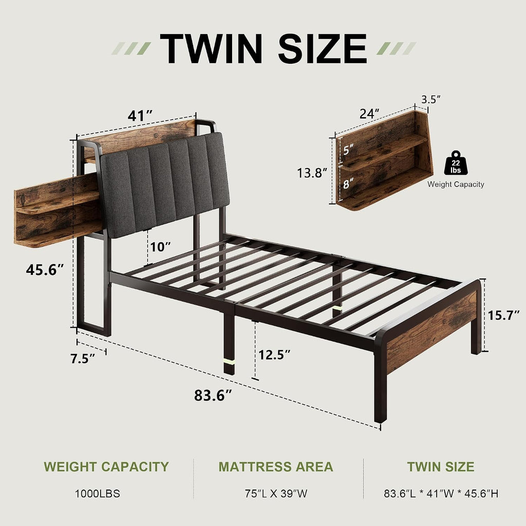 Feonase Twin Bed Frame, 14.5 Inch Metal Platform Bed with 1 Hidden Storage Shelf, Ergonomic Upholstered Headboard with Outlets, Easy Assembly, No Box Spring Needed