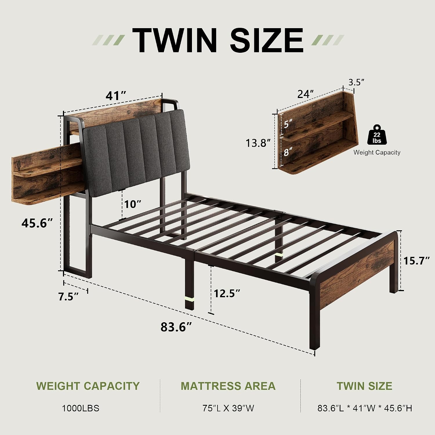 Feonase Twin Bed Frame, 14.5 Inch Metal Platform Bed with 1 Hidden Storage Shelf, Ergonomic Upholstered Headboard with Outlets, Easy Assembly, No Box Spring Needed