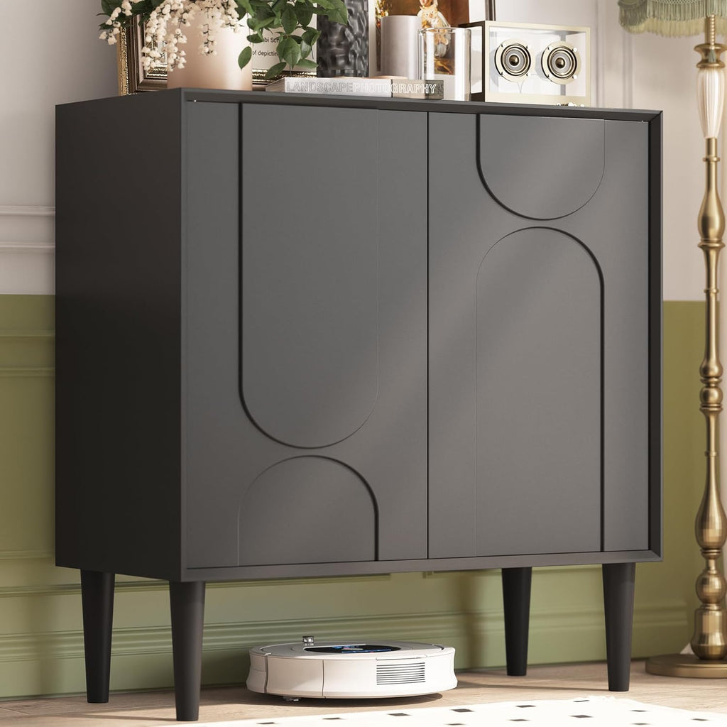 Easyego 31.5″ Mid Century Modern Sideboard Buffet Cabinet, Black Wood Accent Storage with 2 Doors & Adjustable Shelves for Living Room, Entryway, Dining Room