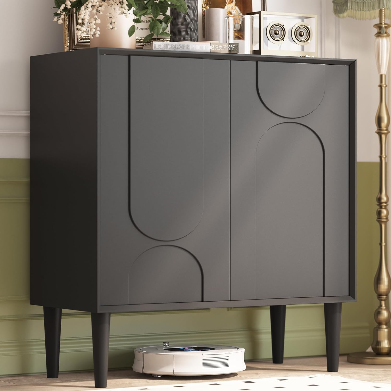 Easyego 31.5″ Mid Century Modern Sideboard Buffet Cabinet, Black Wood Accent Storage with 2 Doors & Adjustable Shelves for Living Room, Entryway, Dining Room