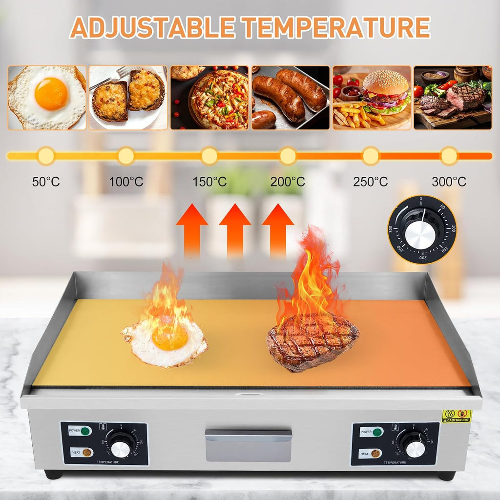 29' Commercial Electric Griddle - 3000W Stainless Steel Flat Top Grill with Adjustable Temp 122°F-572°F, Non-Stick Surface, 2 Shovels & 2 Brushes - for Restaurants, Home Kitchens