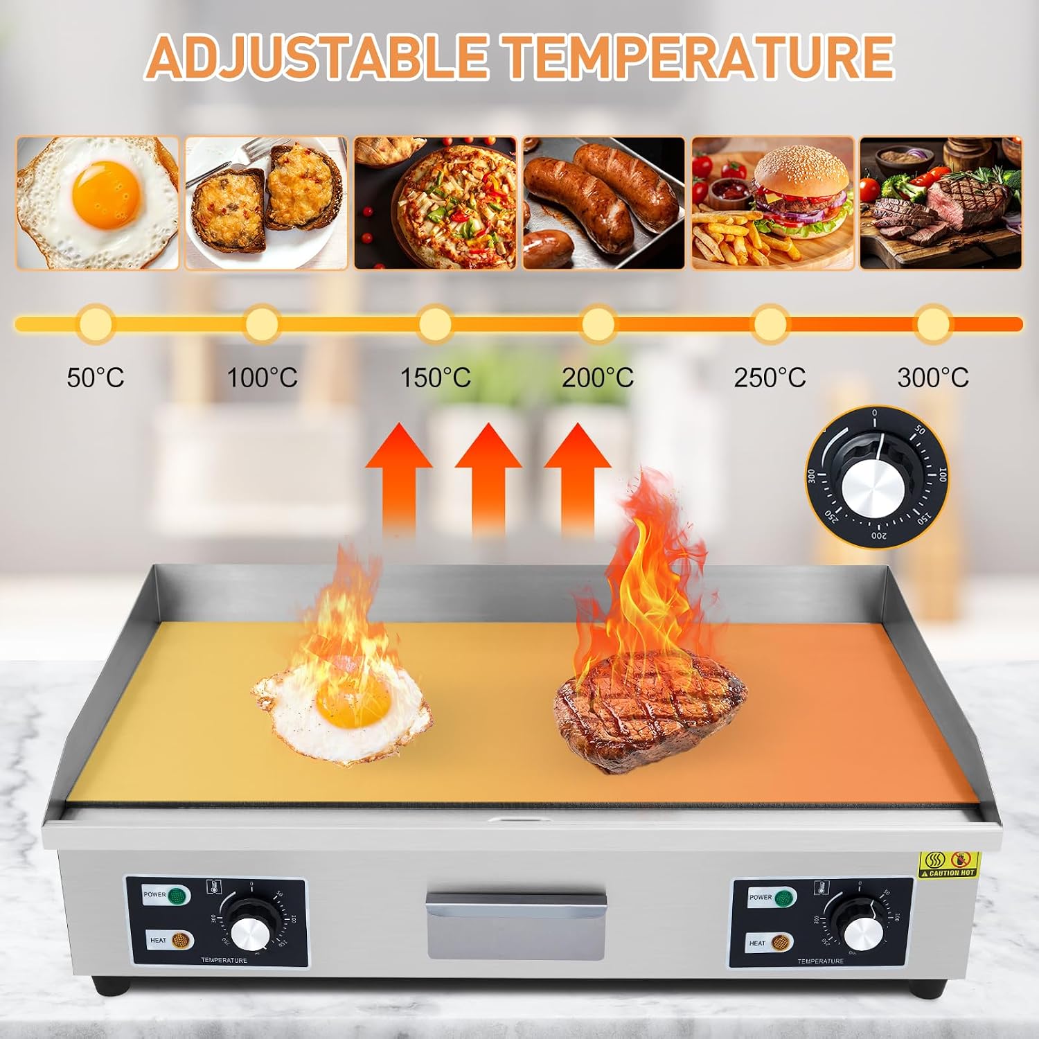 29' Commercial Electric Griddle - 3000W Stainless Steel Flat Top Grill with Adjustable Temp 122°F-572°F, Non-Stick Surface, 2 Shovels & 2 Brushes - for Restaurants, Home Kitchens