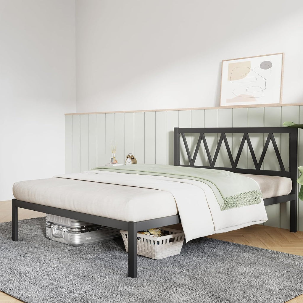Novilla Full Size Bed Frame with Headboard, Metal Platform Bed Frame, Wood Slat Support, Heavy Duty, No Box Spring Needed, Easy Assembly, Black