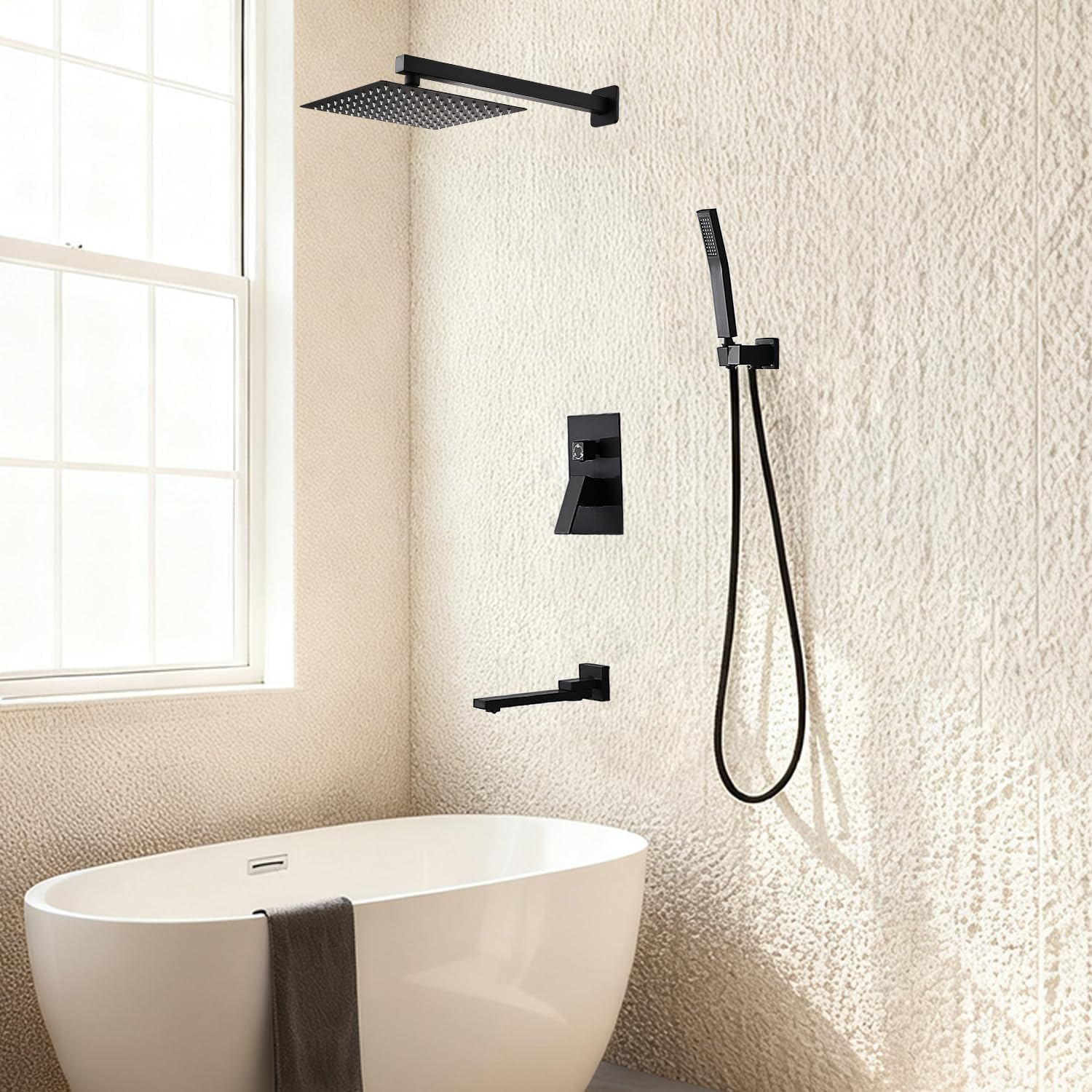AVSIILE Shower Faucet Set with Tub Spout, Matte Black Rain Shower Mixer Valve and Trim Kit System with Base Complete, Rainfall Modern Shower Head and Handheld Handle Set Combo for Bathroom, 10 Inch