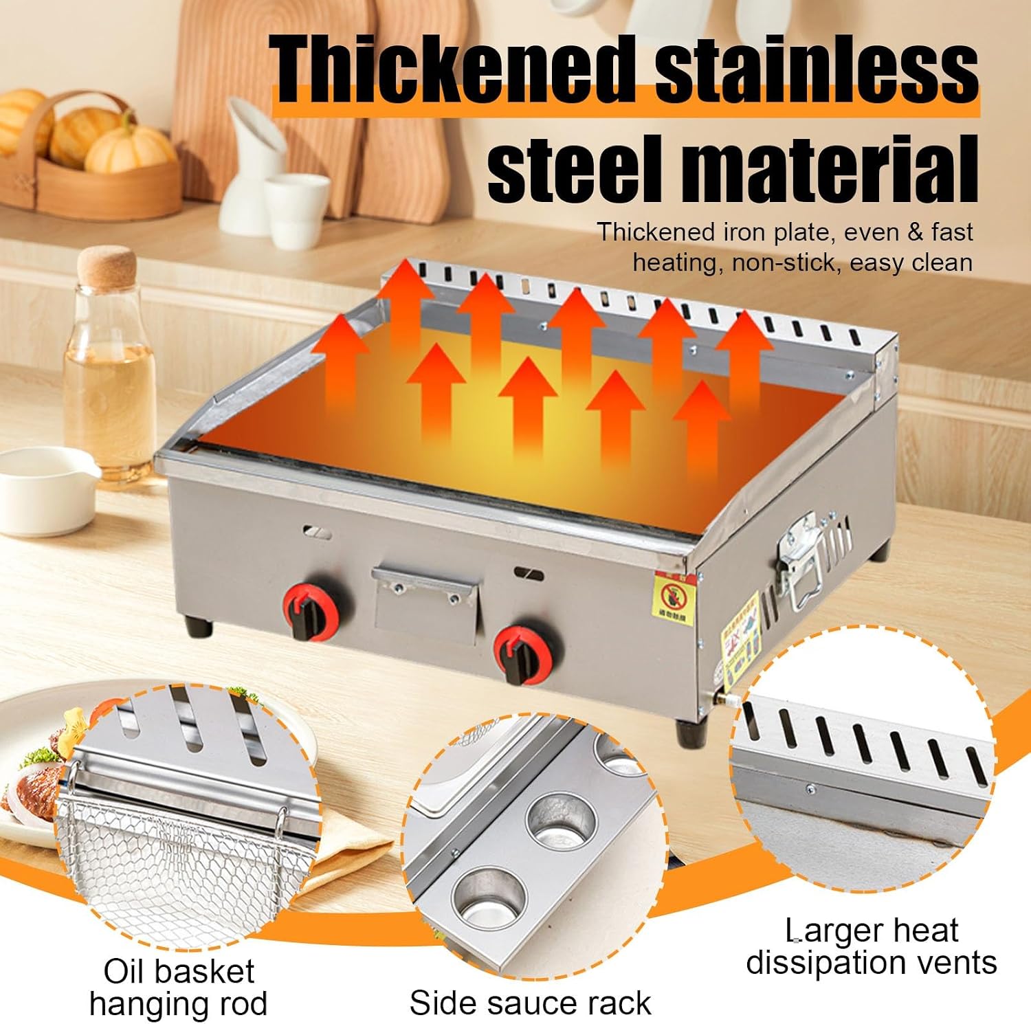 Gas Griddle With Fryer Commercial Flat Top Griddle, Fast Heating Gas System With Even Cooking Performance for Cafeteria and Food Service(Home-Use)