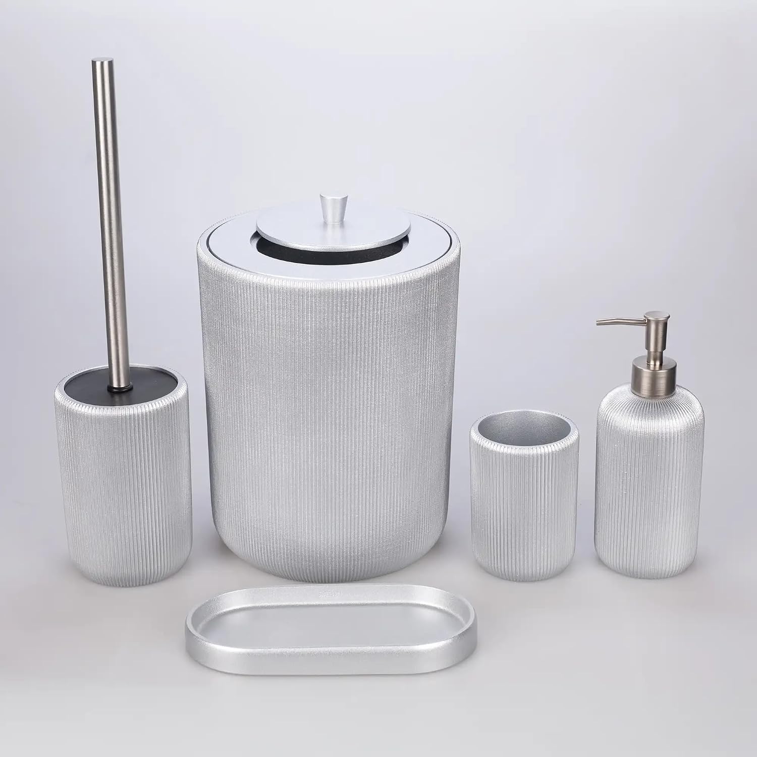 Lydia Collection 5-Piece Resin Bathroom Accessories Set – Toilet Brush Holder, Waste Bin, Soap Dispenser, Tray & Toothbrush Holder (Silver)