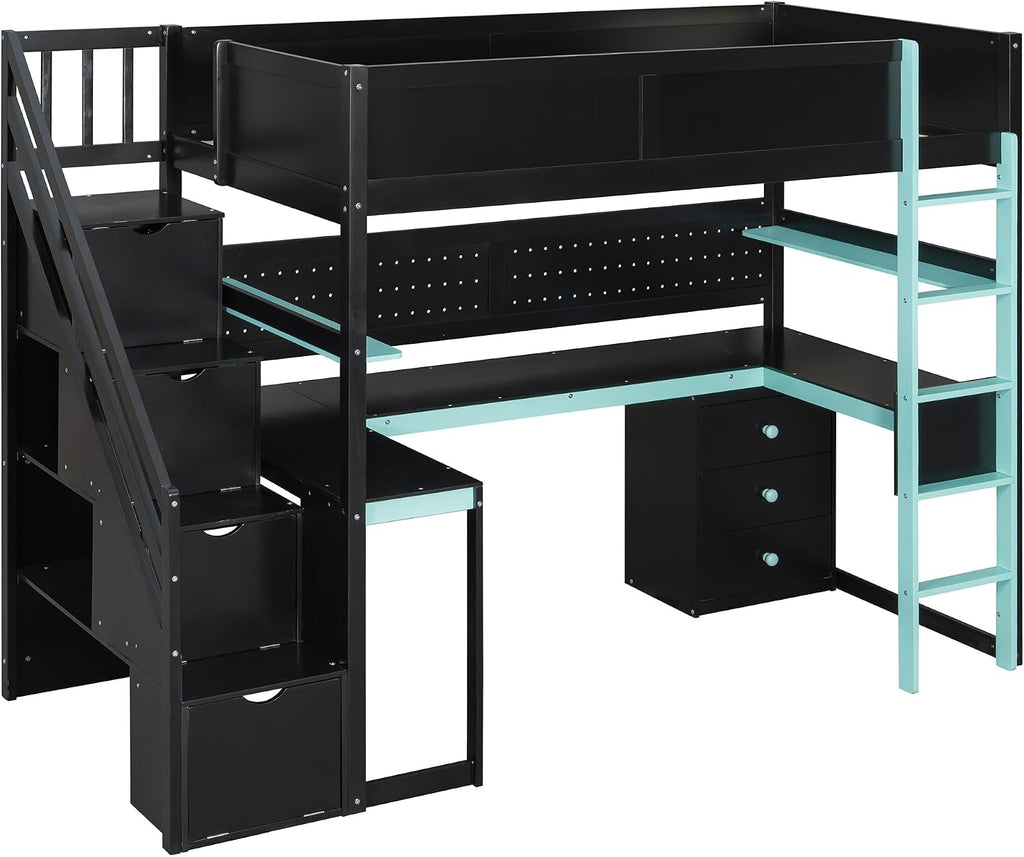 Ball & Cast Gaming Twin Size Loft Bed with Storage Stairs,Wood Gamer Loft Bed Frame W/Desk,Shelves and Pegboard,High Loft Bed W/Full-Length Guardrail,Bedroom Furniture for Student Dorms,Black+Blue