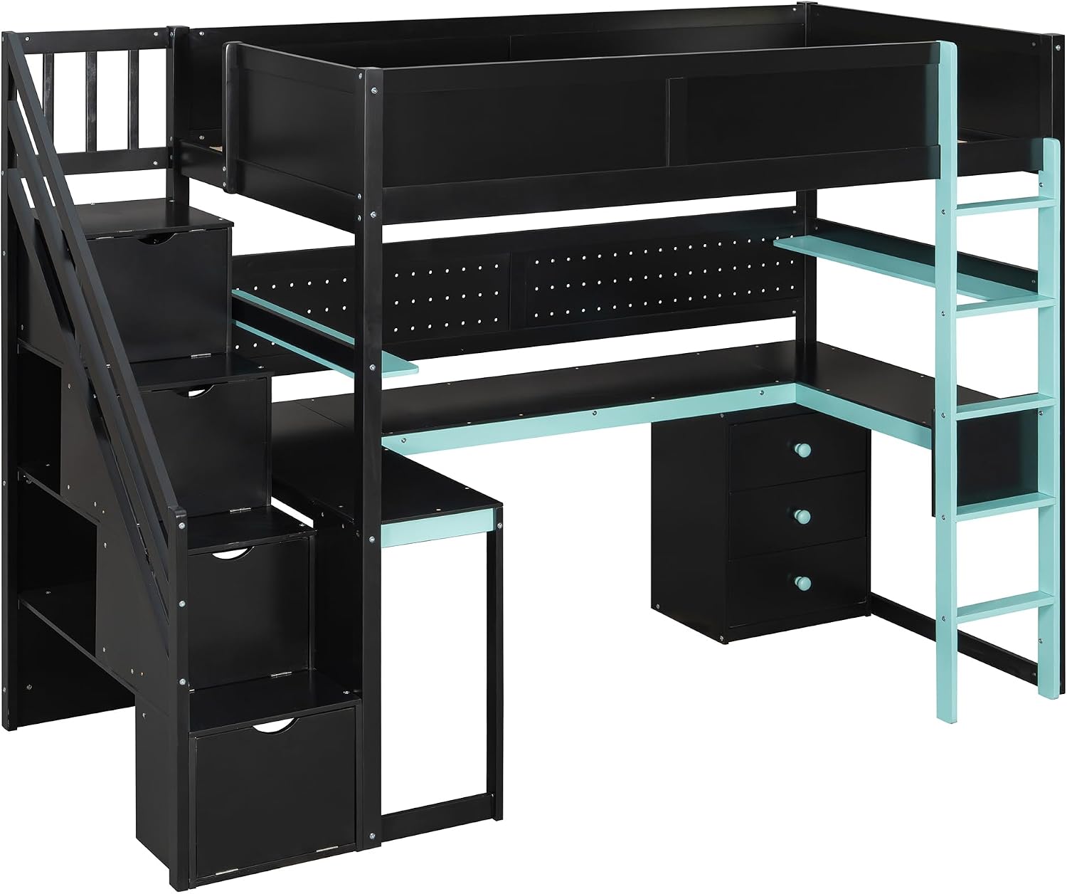 Ball & Cast Gaming Twin Size Loft Bed with Storage Stairs,Wood Gamer Loft Bed Frame W/Desk,Shelves and Pegboard,High Loft Bed W/Full-Length Guardrail,Bedroom Furniture for Student Dorms,Black+Blue