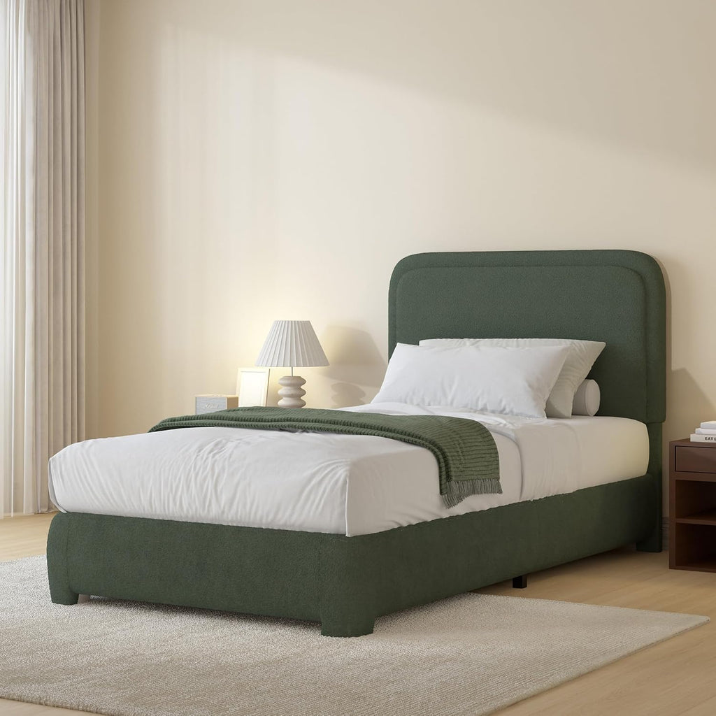 BarnFurin Twin Size Bed Frame, Boucle Upholstered Platform Bed Frame with Headboard, Soft Rounded Corners, No Box Spring Required, Non-Slip and Noise-Free, Easy Assembly, Green
