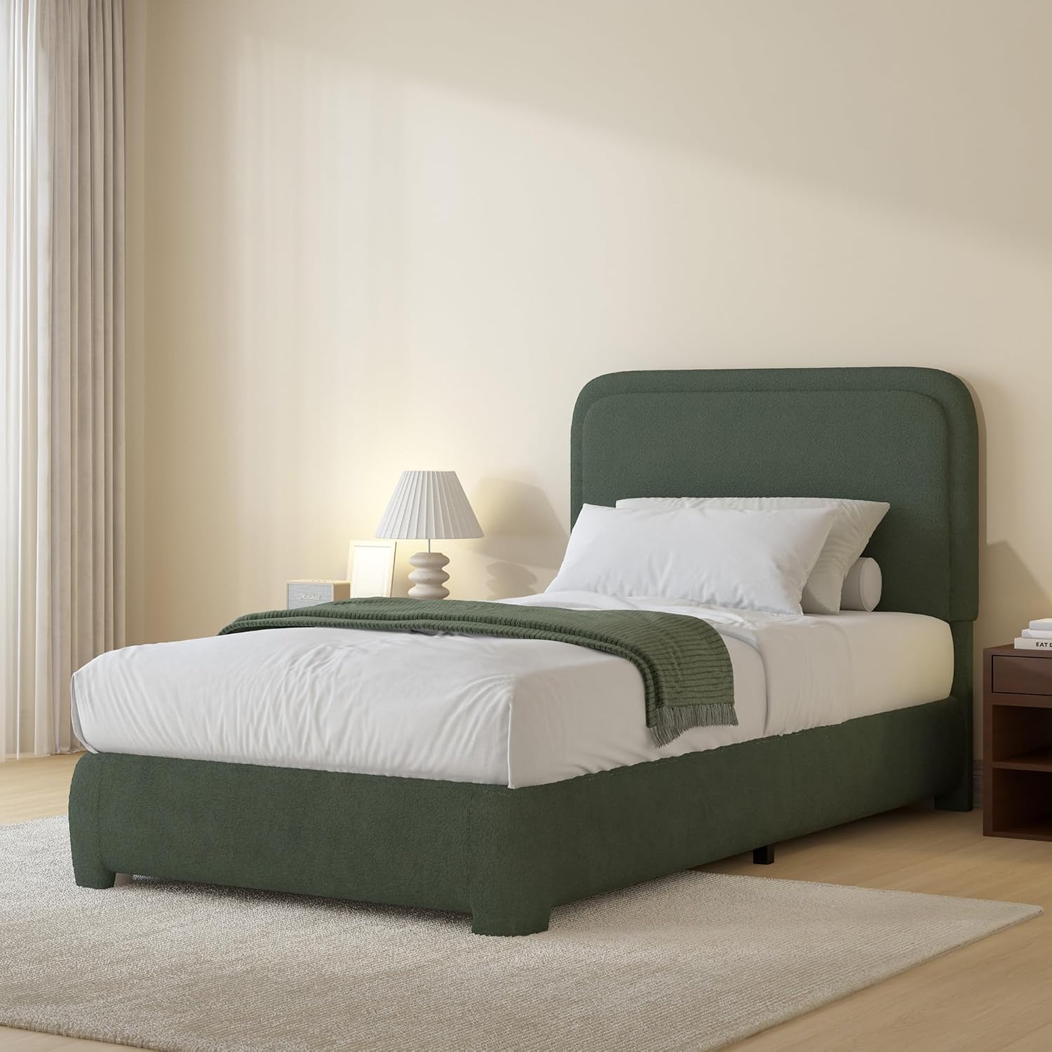 BarnFurin Twin Size Bed Frame, Boucle Upholstered Platform Bed Frame with Headboard, Soft Rounded Corners, No Box Spring Required, Non-Slip and Noise-Free, Easy Assembly, Green