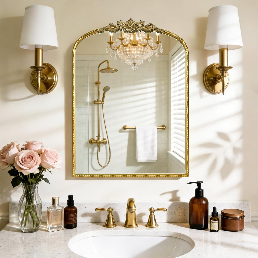 WallBeyond Gold Vintage Mirror for Vanity 22x30 Inch, Gold Antique Mirror with Ornate Frame, Arched Vintage Wall for Bathroom, Living Room, Fireplace, Entryway