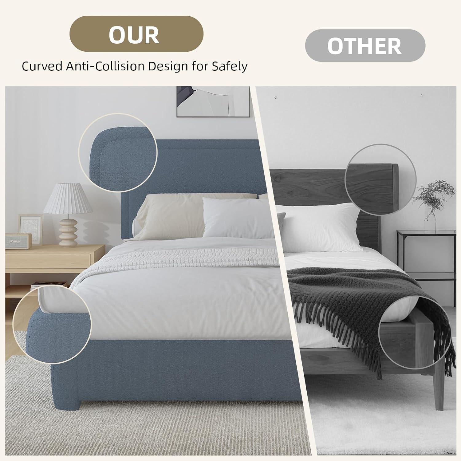 BarnFurin Full Size Bed Frame,Cloud Boucle Upholstered Platform Bed Frame with Headboard, Soft Rounded Corners, No Box Spring Required, Non-Slip and Noise-Free, Easy Assembly, Blue