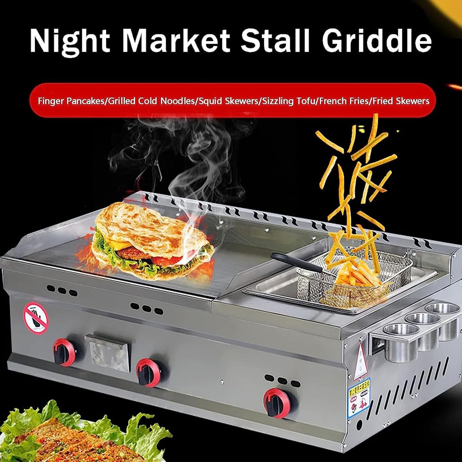 Kitchen LPG Gas Grill for Outdoor Catering Commercial Gas Griddle, Countertop Flat Top Griddle Stainless Steel Grill, Teppanyaki Fry Pan with Adjustable Temperature