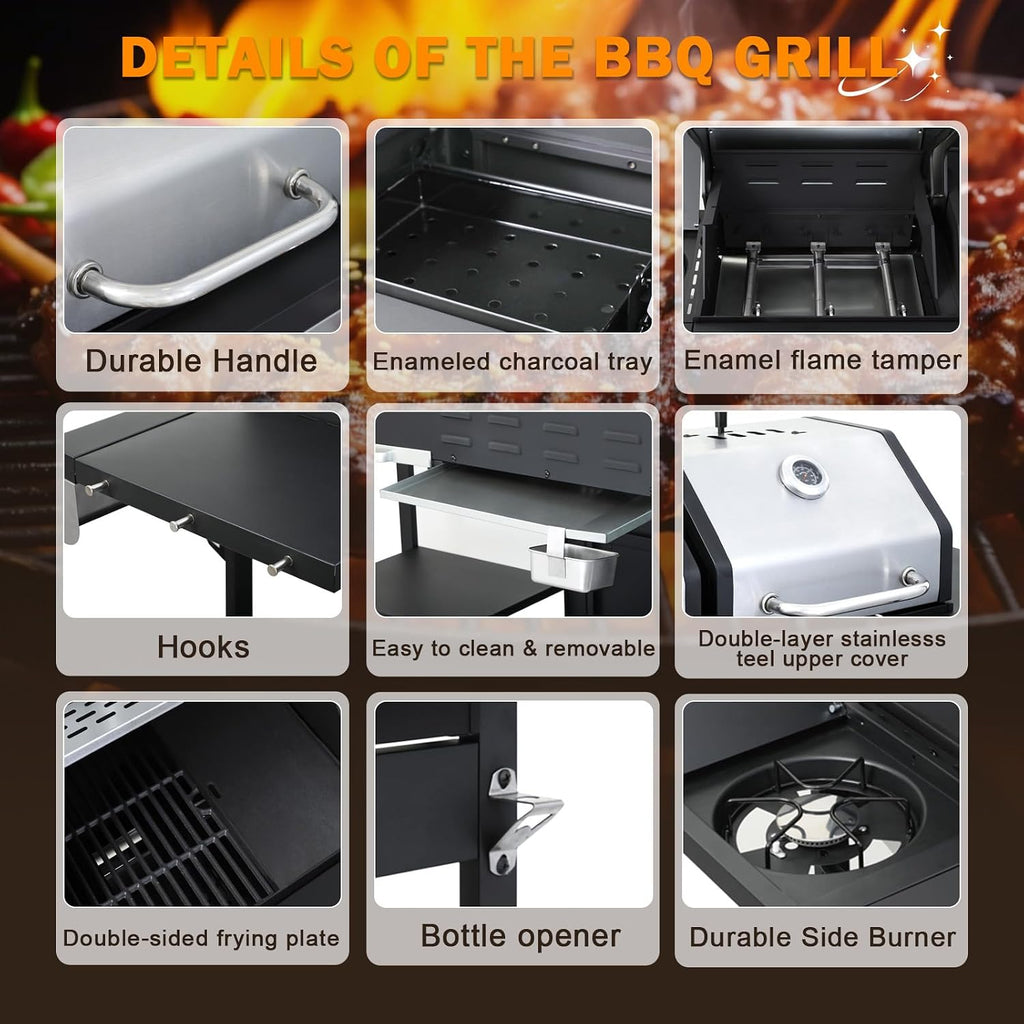 3-Burner Gas and Charcoal Combo Grill with Griddle Plate, 37,230 BTU, Stainless Steel & Enameled Grates, Side Burner + Storage Cabinet for Backyard, Tailgating, Teppanyaki