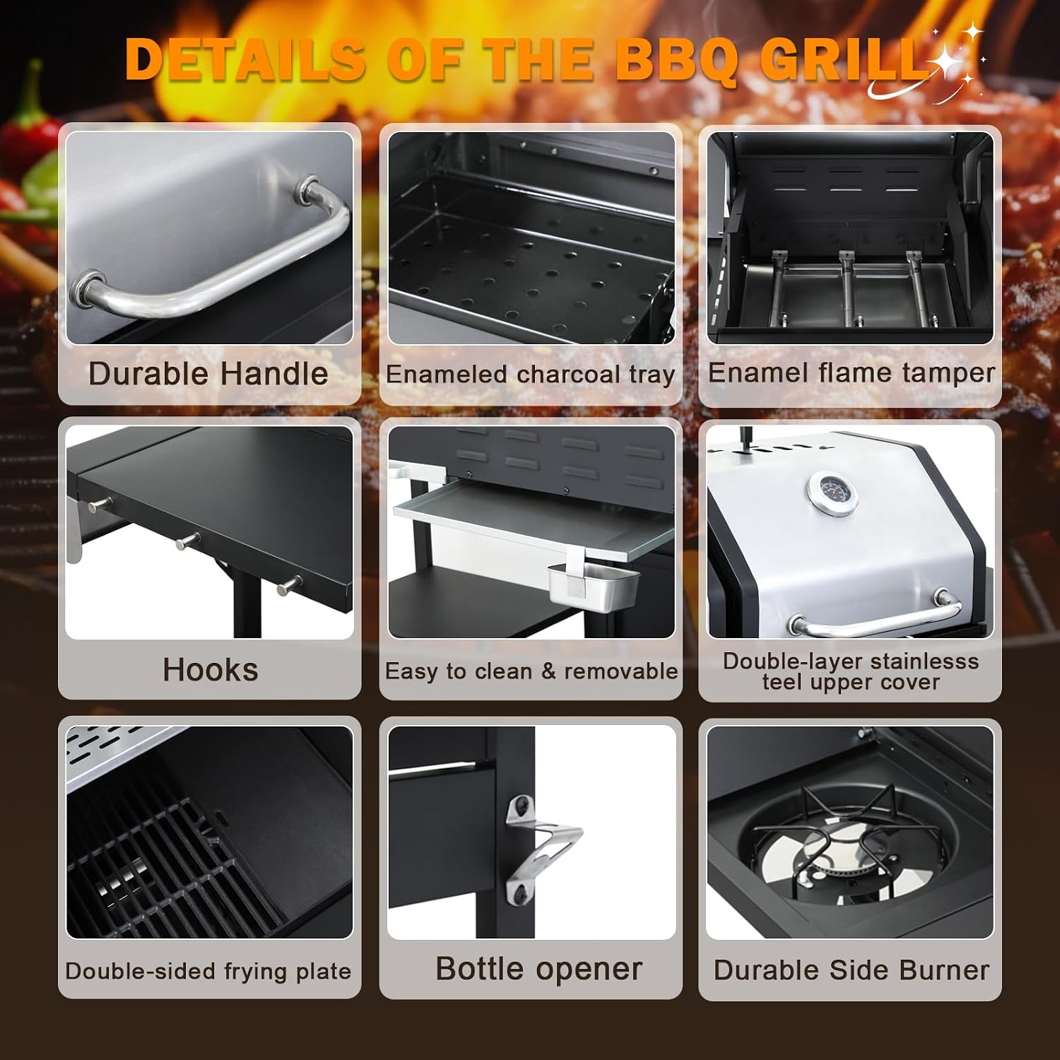 3-Burner Gas and Charcoal Combo Grill with Griddle Plate, 37,230 BTU, Stainless Steel & Enameled Grates, Side Burner + Storage Cabinet for Backyard, Tailgating, Teppanyaki