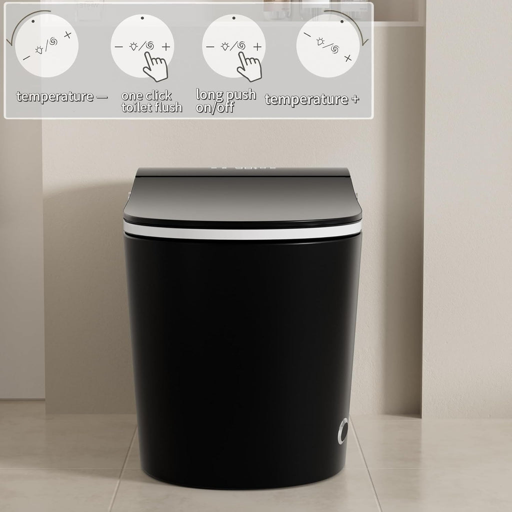 Smart Toilet with Heated Seat & Auto Flush - Bidet, Warm Air Dryer, Night Light, Auto Open/Close Lid, Soft Close Matte Black and White .(Elongated)