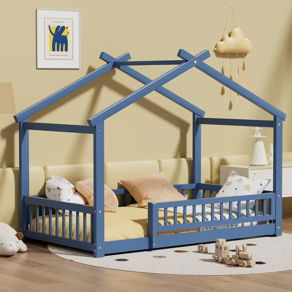 LLS Twin House Floor Bed Frame with Fence, Wooden Montessori Bed with Slats Support for Boys Girls, Mist Blue