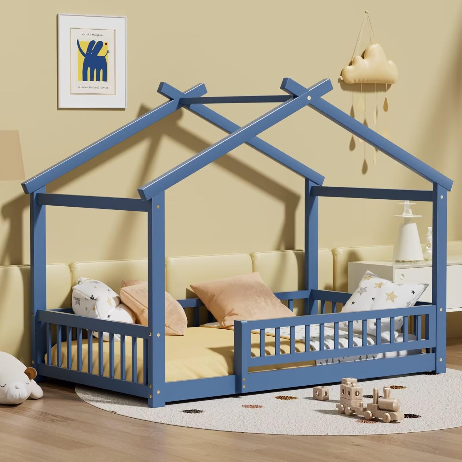 LLS Twin House Floor Bed Frame with Fence, Wooden Montessori Bed with Slats Support for Boys Girls, Mist Blue