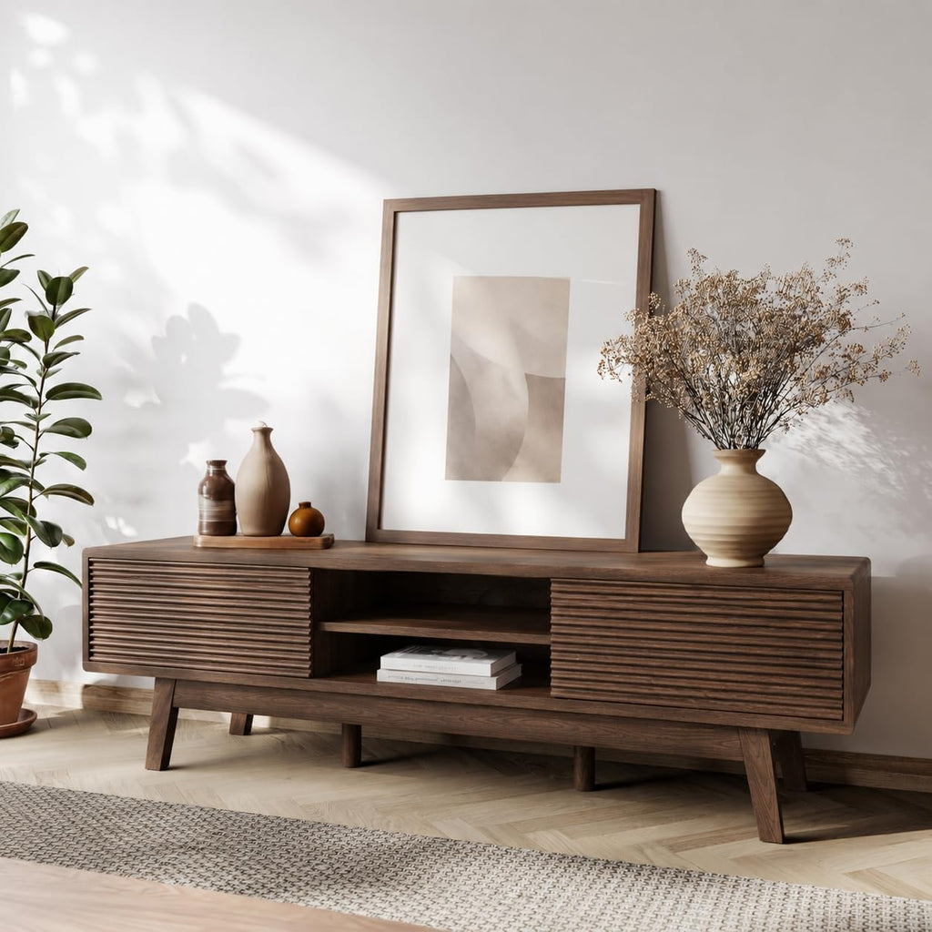 TOLEAD 59' TV Console, Mid Century Modern TV Stand for 55/60/65 Inch TV, Low Profile Media Console with Fluted Sliding Doors, Boho Wood Credenza for Living Room, Walnut