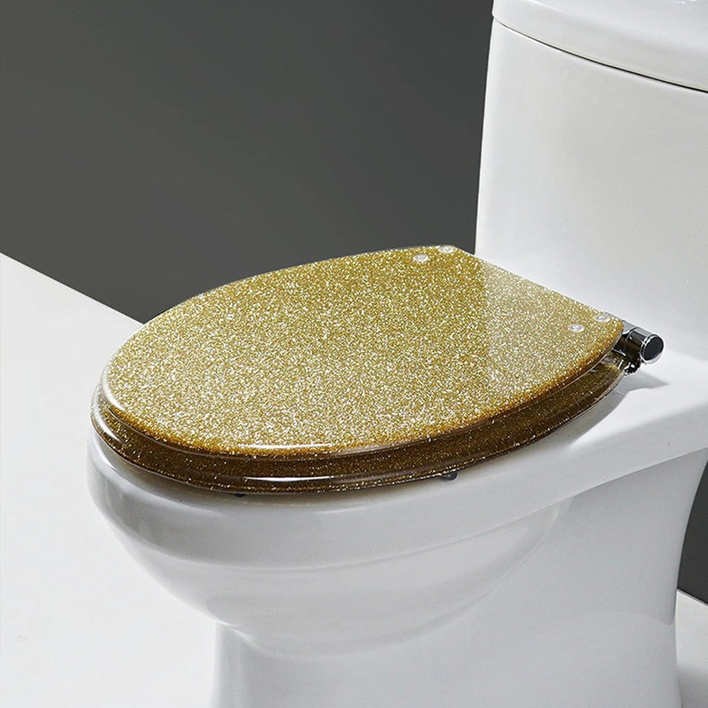 Toilet Seat Soft Close Toilet Seat Resin Glitter Toilet Seat, Sparkle Toilet Seat Cover Round Oval, Easy Installation, Soft Close Toilet Seat(Gold)