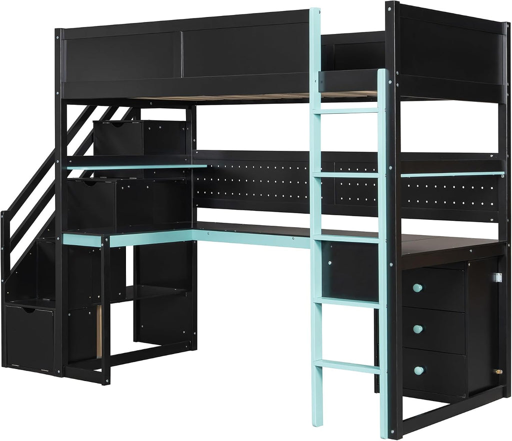 Ball & Cast Gaming Twin Size Loft Bed with Storage Stairs,Wood Gamer Loft Bed Frame W/Desk,Shelves and Pegboard,High Loft Bed W/Full-Length Guardrail,Bedroom Furniture for Student Dorms,Black+Blue