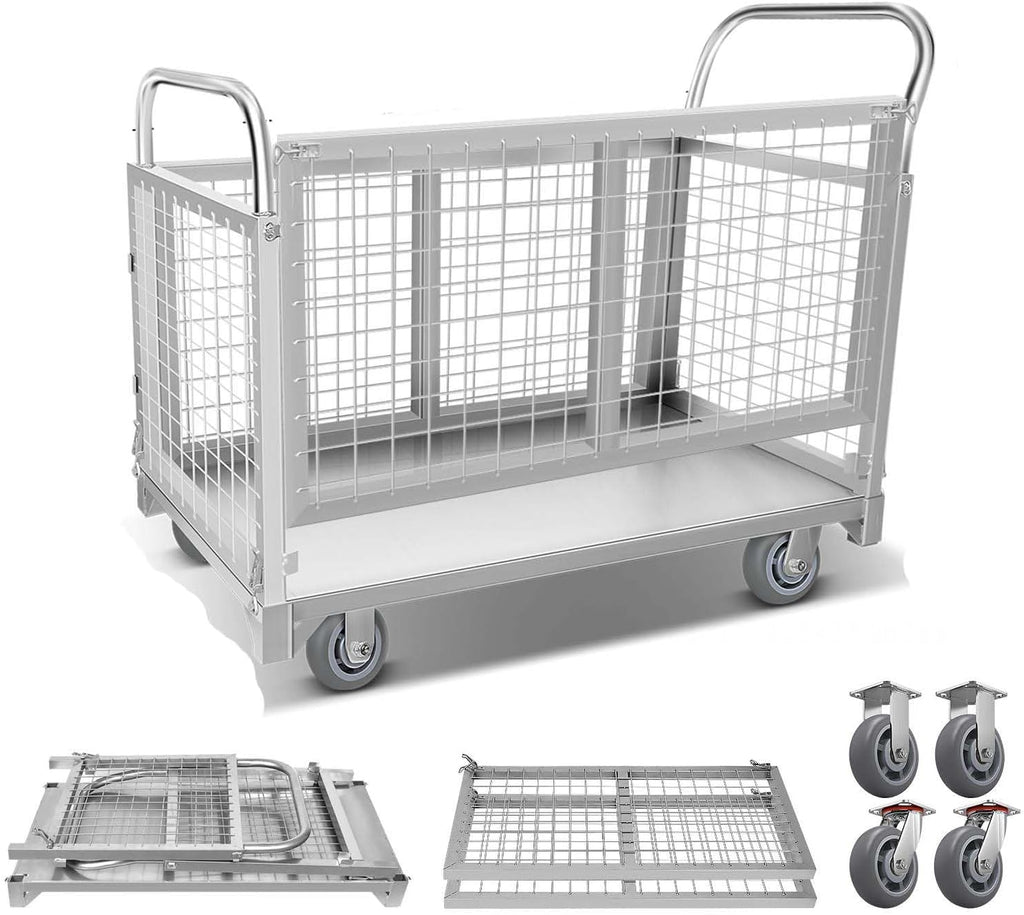 2200lbs 4in1 Platform Truck with Cage, Heavy Duty Stainless Steel Flatbed Cart with 6' 360° Rotation Wheels, Durable&Portable Platform Truck Cart, Push Dolly for Industrial, Garage&Warehouse