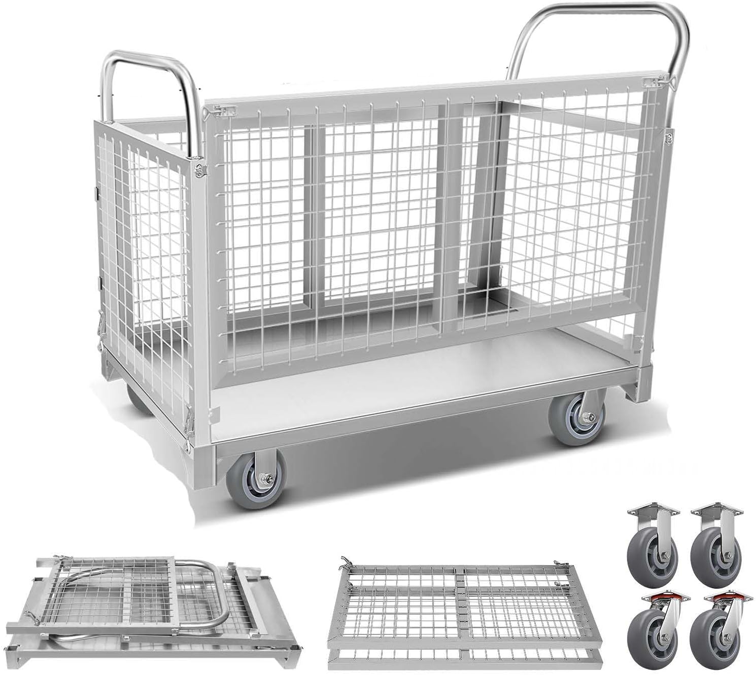 2200lbs 4in1 Platform Truck with Cage, Heavy Duty Stainless Steel Flatbed Cart with 6' 360° Rotation Wheels, Durable&Portable Platform Truck Cart, Push Dolly for Industrial, Garage&Warehouse