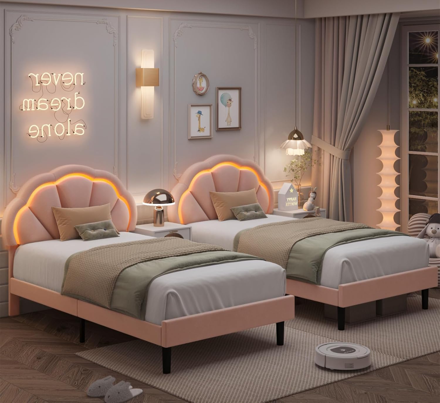 HIFIT 2 Piece Twin Upholstered LED Bed Frame with Adjustable Cute Petal Headboard, Soft Velvet Princess Platform Bed for Girls/Kids, Solid Wood Slats Support, No Box Spring Needed, Easy Assembly, Pink