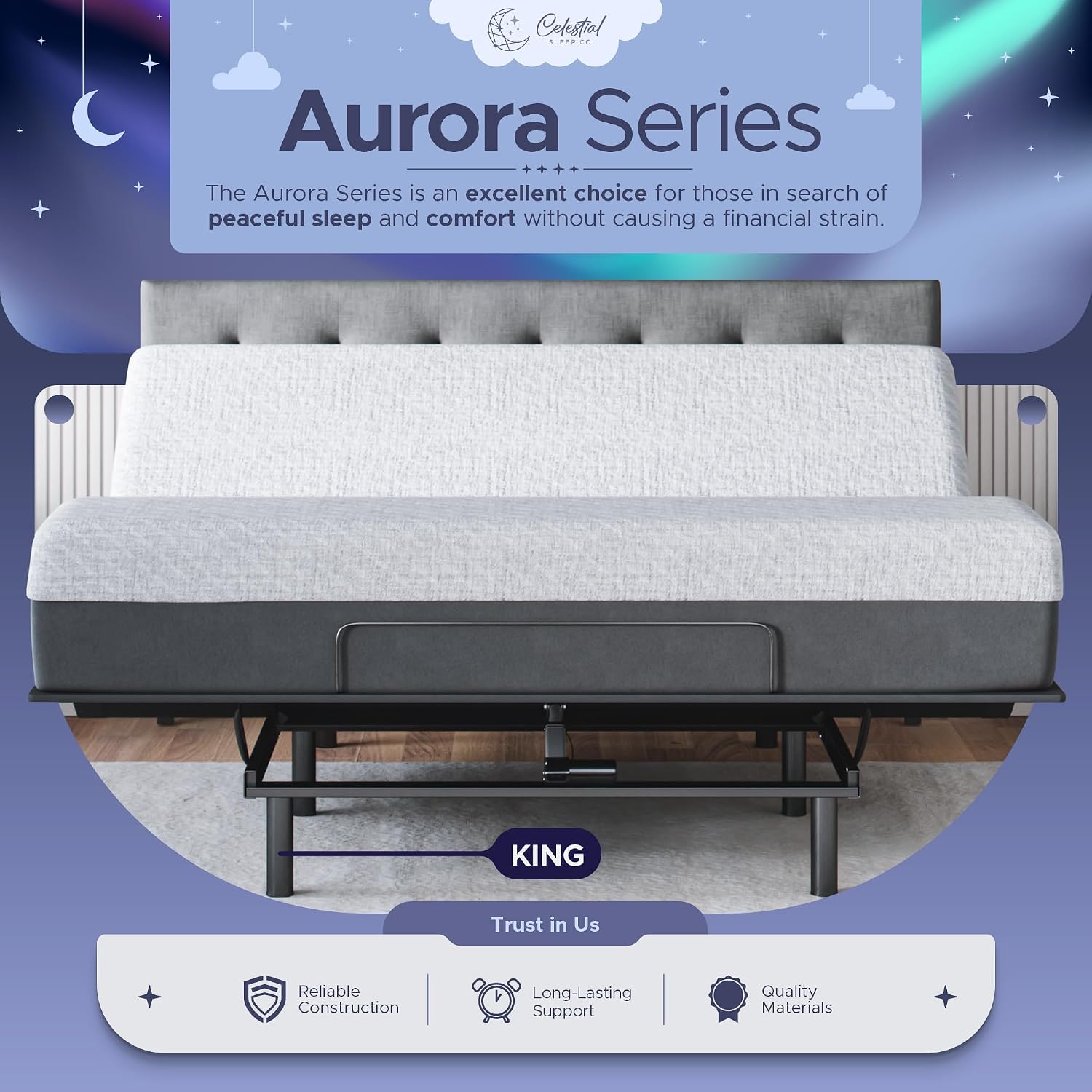 Celestial Sleep Aurora Adjustable Bed Base (Frame) + 10 inch Gel Memory Foam Mattress (Medium), Easy Assembly, Head and Foot Lift, Zero Gravity, Memory Positions, CertiPUR-US Bed - King