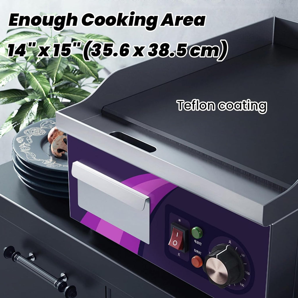 Commercial Griddle Electric 14', Electric Countertop Flat Top Griddle 2000W Non-Stick Stainless Steel Restaurant Grill for Kitchen Adjustable Temperature Control 122°F-572°F