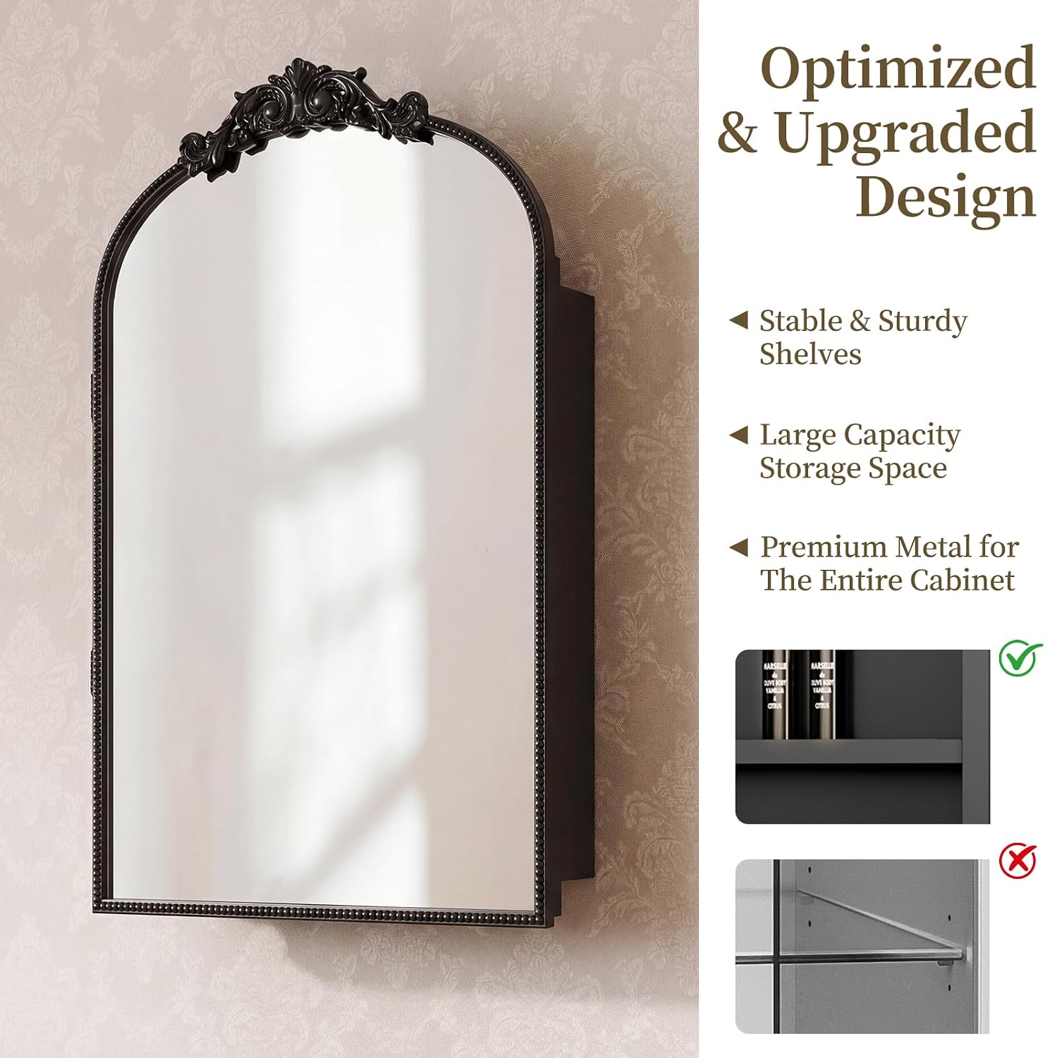 Bathroom Medicine Cabinet with Mirror, Sturdy, Durable & Easy Installation, Vintage Metal Frame (Black Beads, 16'x24')
